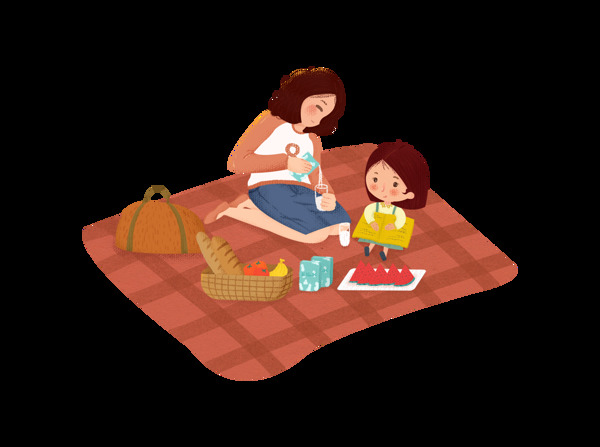 手绘卡通母亲孩子野餐装饰素材