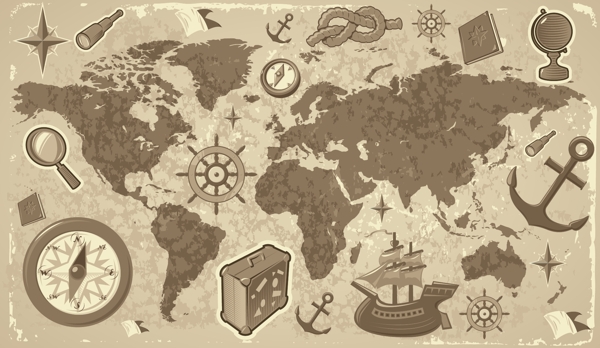 海上的元素的旧世界地图矢量