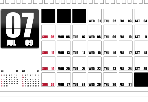 桌面日历2009七月可编辑的文本