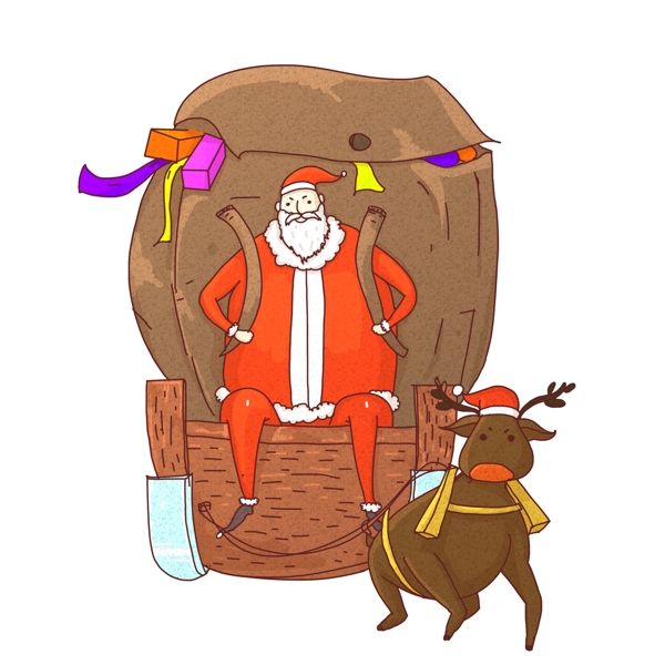 圣诞节圣诞老人和麋鹿背着大礼包插画