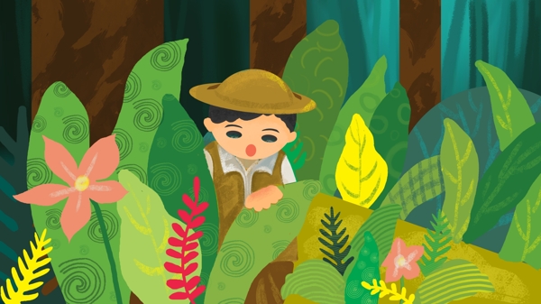 原创在丛林中探险的儿童儿童插画