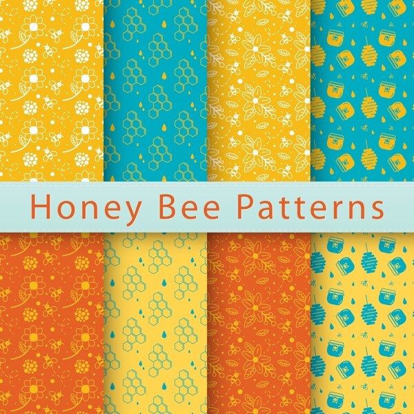 8款彩色蜜蜂元素无缝背景矢量图