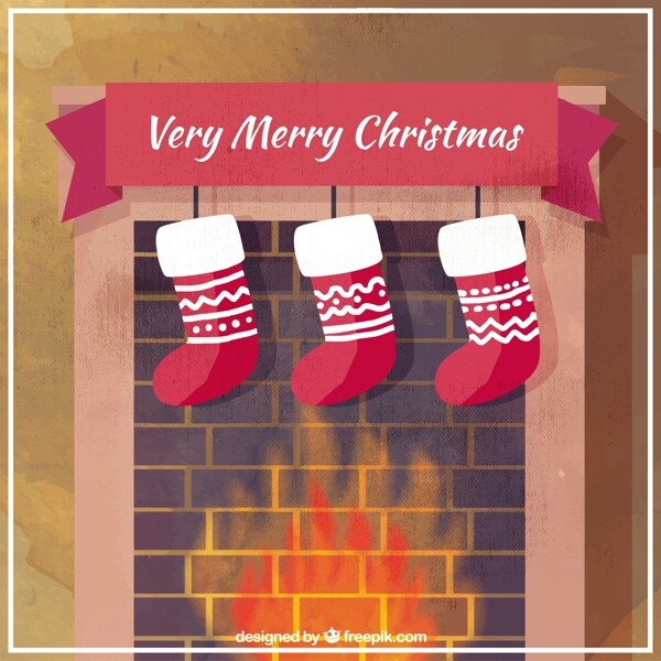 壁炉背景与圣诞袜
