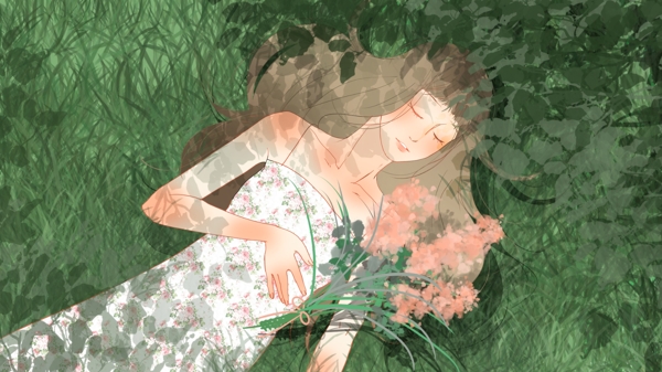 浪漫清新夏日躺在草地上手拿花束的少女
