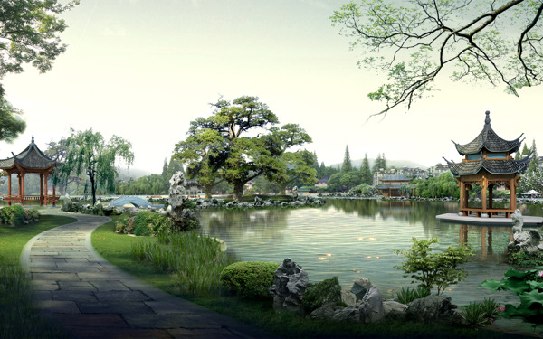 中国古典园林凉亭效果图片