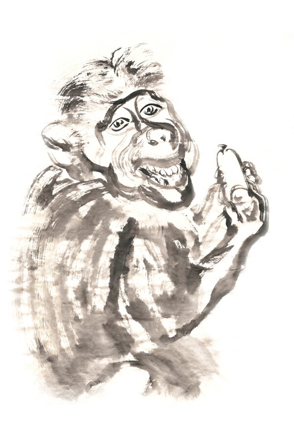 吃玉米的猴子水墨画PNG免抠素材