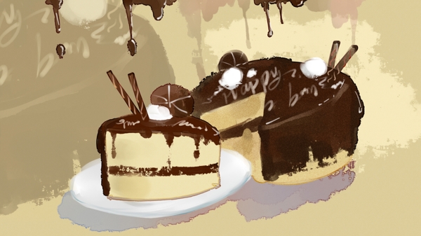 巧克力蛋糕食物甜点水彩插画