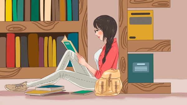 字母邂逅E靠着书架看书的少女原创插画