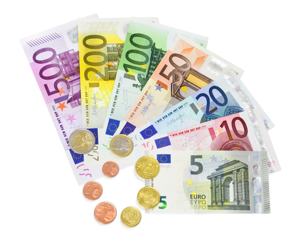 不同面值的欧元纸币和硬币图片