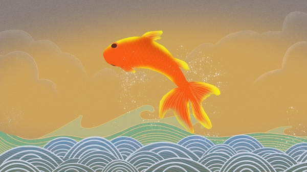线条云绕中国风成语故事年年有余吉祥物鲤鱼