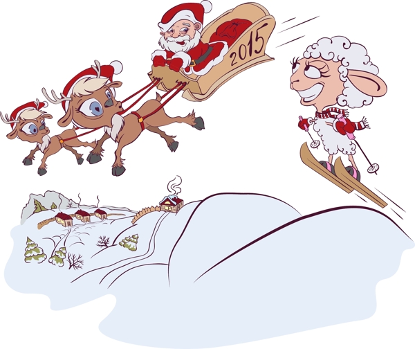 圣诞雪橇与滑雪的绵羊