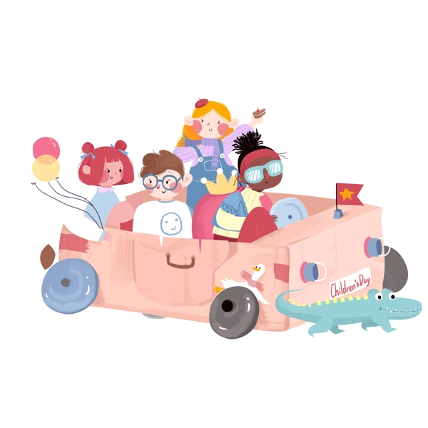 卡通乘坐玩具小车的一群小朋友可商用元素
