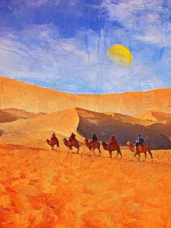 金色沙漠骆驼风景油画酒店饭店装饰画