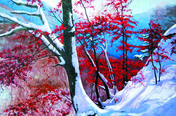 雪地红霞油画图片