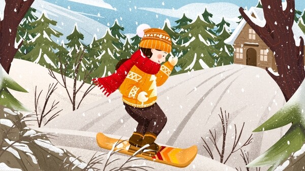 唯美冬季女孩雪地滑雪冬天雪景肌理插画