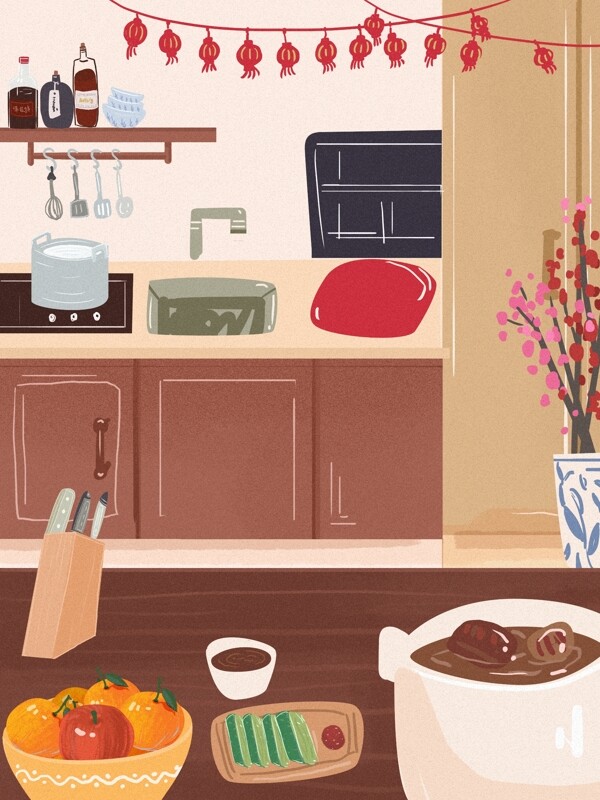 新年厨房之温馨画面插画背景