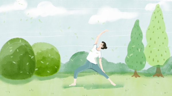 公园运动瑜伽少女手绘插画