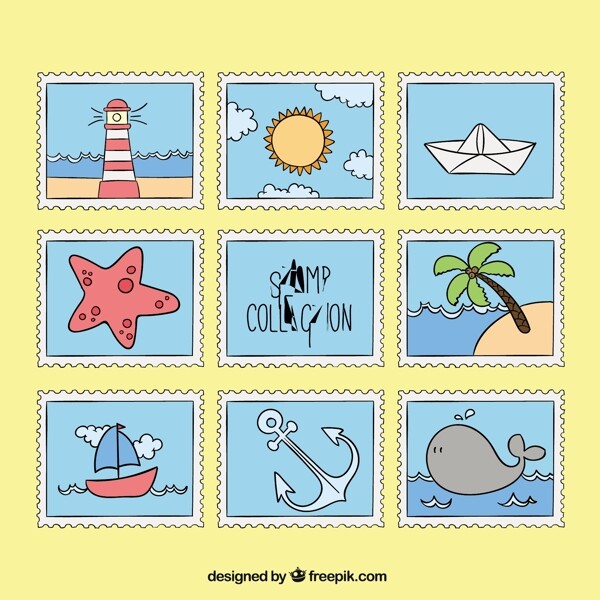 手绘夏季元素邮票
