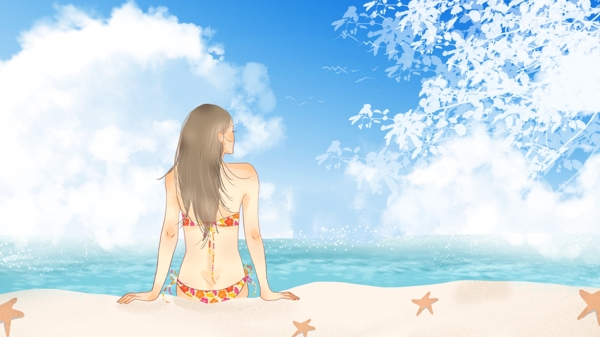 简约清新夏天海边沙滩晒太阳的女生背影