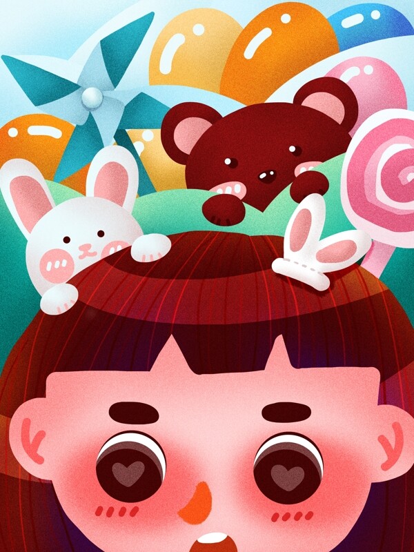 儿童节少女可爱肌理噪点熊兔子气球风车糖果