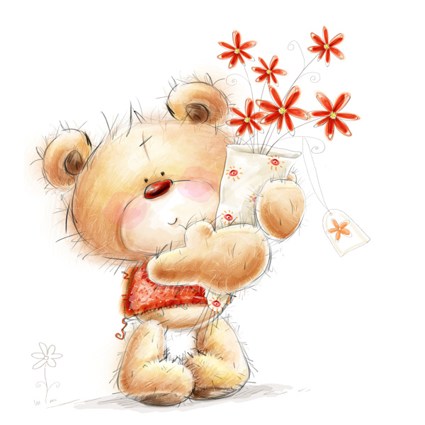 抱着花束的小熊插图图片