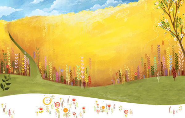 手绘素材花朵装饰油画麦浪背景儿童插画