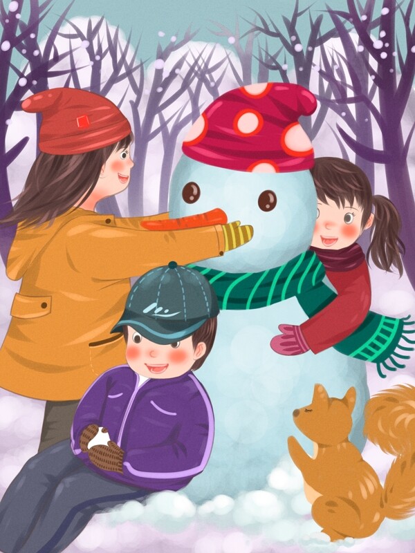 堆雪人打雪仗孩子一起玩雪堆雪人扁平插画