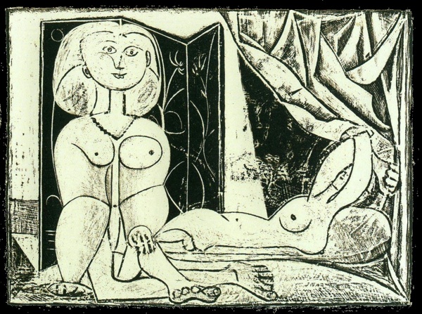 1946LesdeuxfemmesnuesXVI西班牙画家巴勃罗毕加索抽象油画人物人体油画装饰画