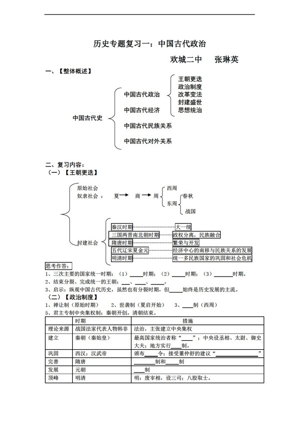 中考专区历史中考复习学案中国古代政治无答案