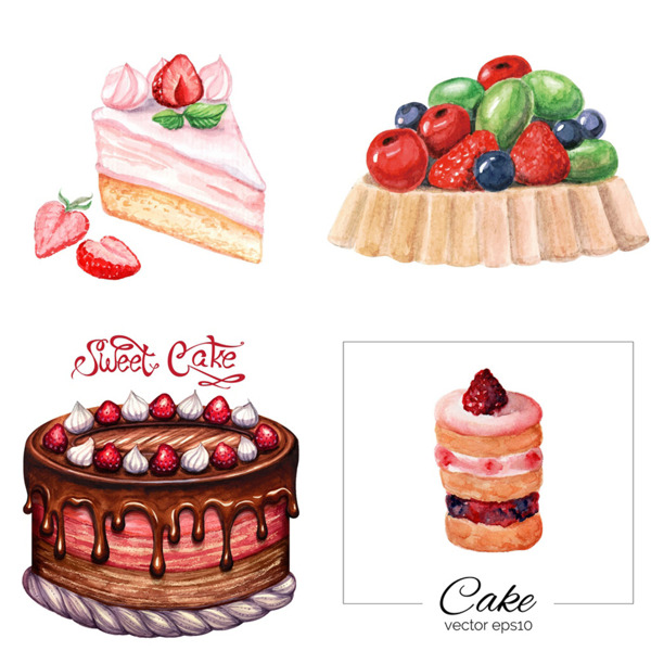 时尚水彩绘甜品蛋糕插画