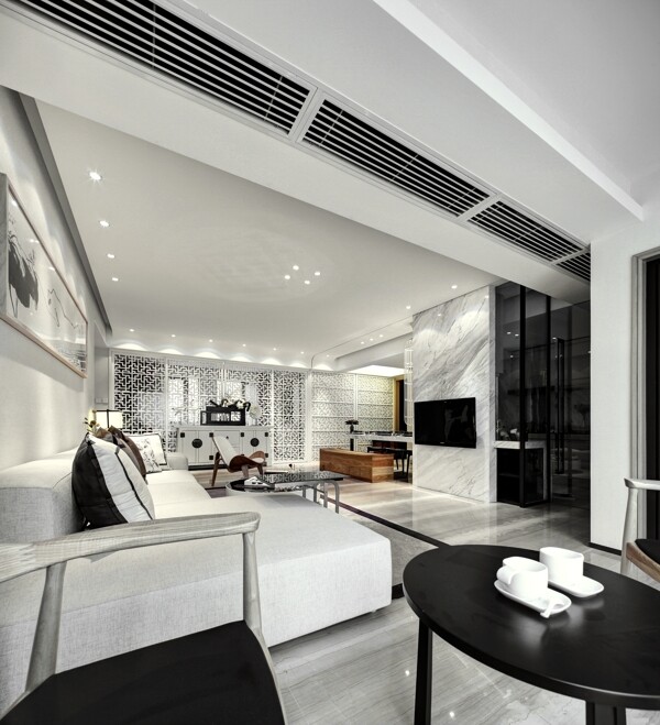 现代时尚工业风白色家具客厅室内装修效果图