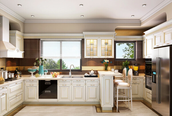 美式清新白色家具厨房室内装修效果图
