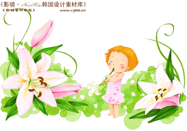 HanMaker韩国设计素材库背景卡通漫画可爱梦幻童年孩子女孩花丛花朵