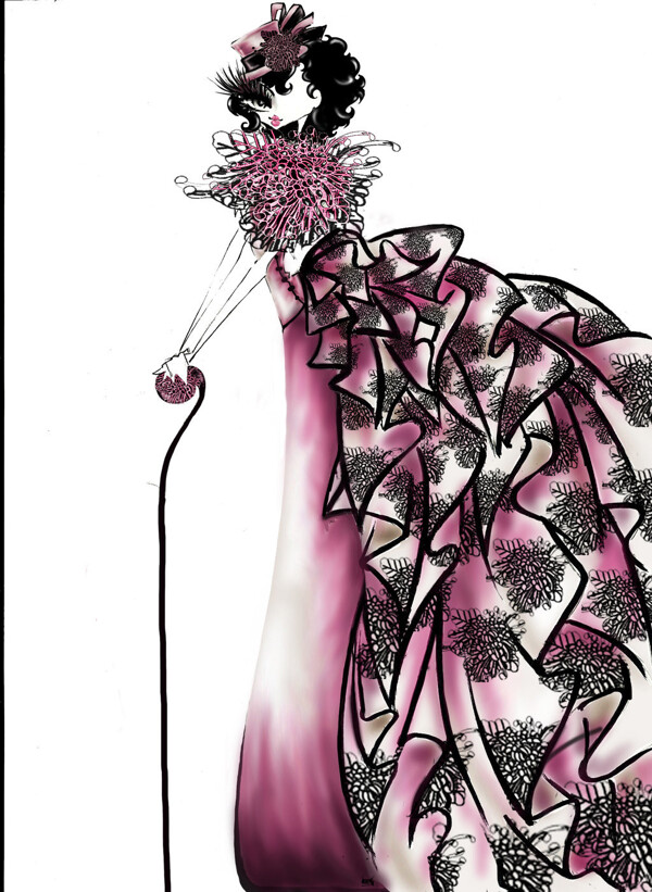 紫色花纹连衣裙设计图