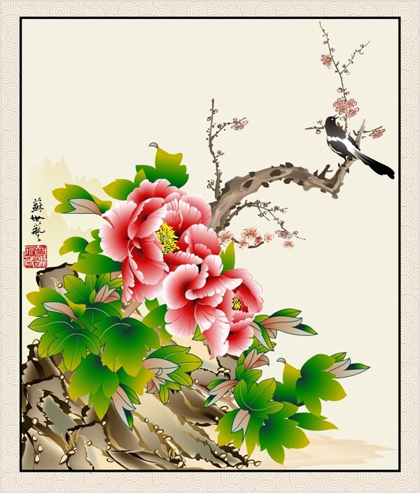 一款中国风格花鸟工笔画