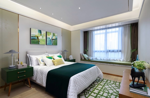 现代时尚卧室绿色花纹地毯室内装修效果图