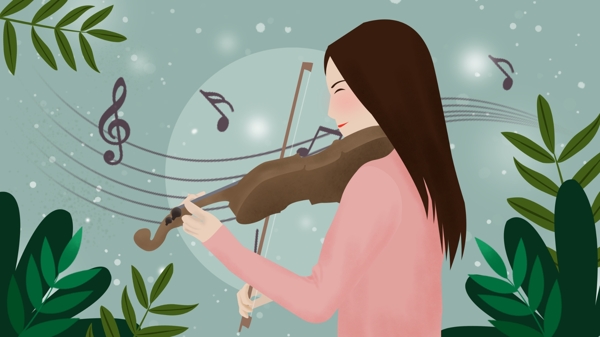 清新唯美扁平风拉小提琴的女孩插画
