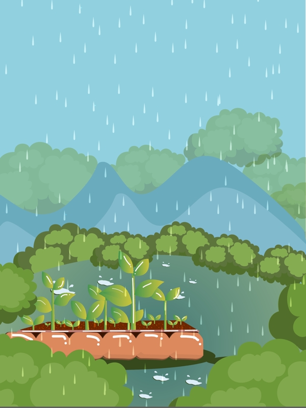 绿色雨季风景插画背景设计