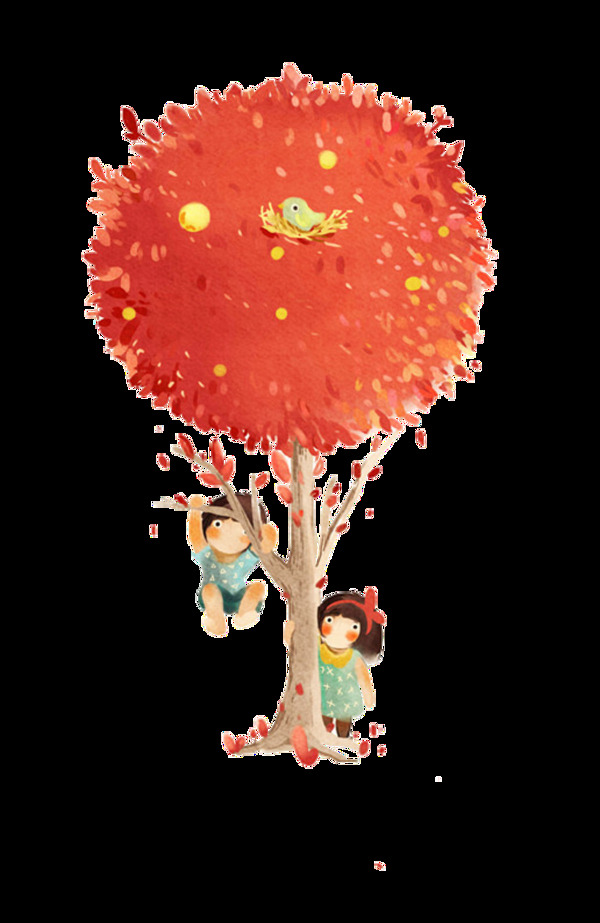 红色花树小孩图案