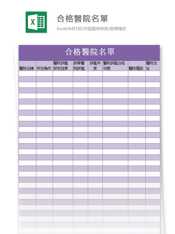 合格醫院名單excel模板