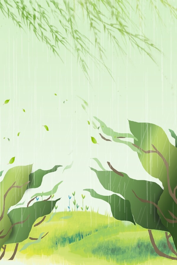 雨季清新叶子漂浮柳枝广告背景