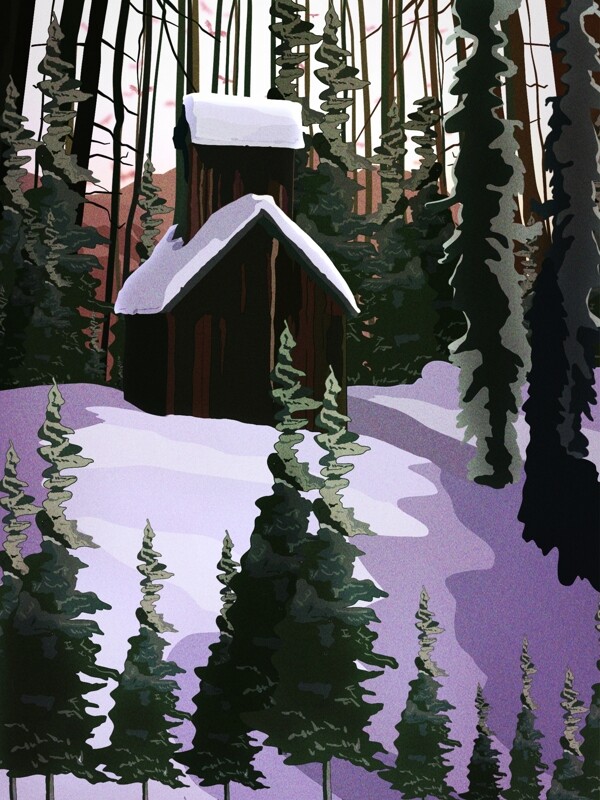 手绘写实风景图之冬季林中小屋唯美风光
