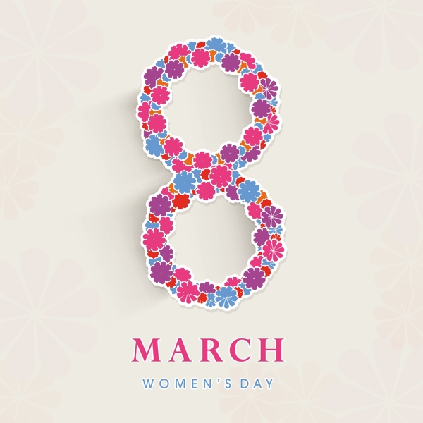 三八妇女节贺卡或海报针眼丽斯文本8三月的灰色背景五颜六色的鲜花装饰设计