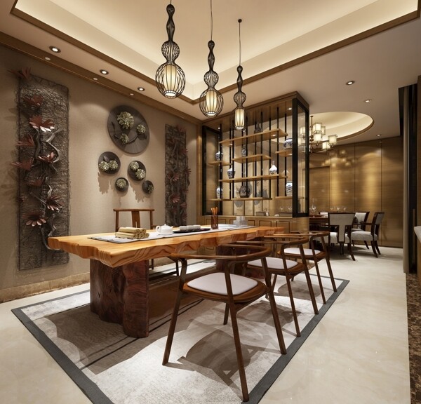 中式餐厅茶室效果图3D模型