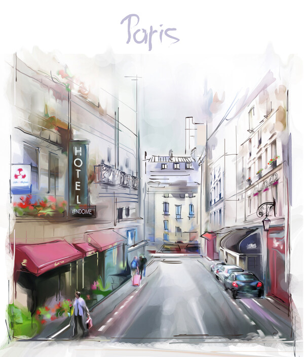 美丽的巴黎小镇插画图片