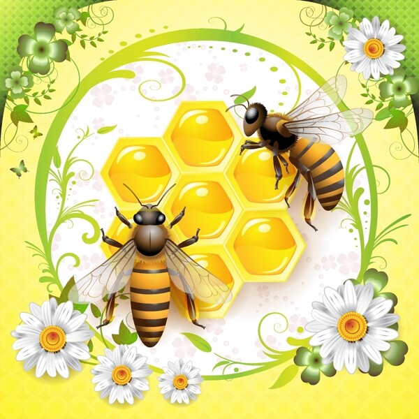 矢量素材蜜蜂鲜花蜂蜜