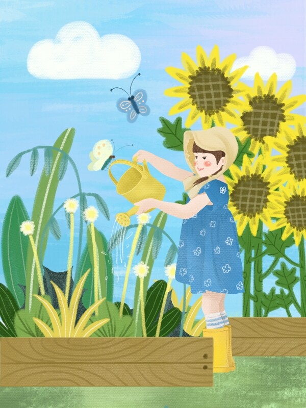 立夏夏天可爱小女孩花园浇水小清新原创插画