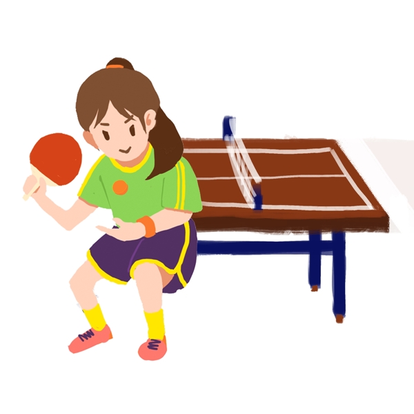 卡通手绘扁平活力马尾运动女孩打乒乓球发球乒乓球桌
