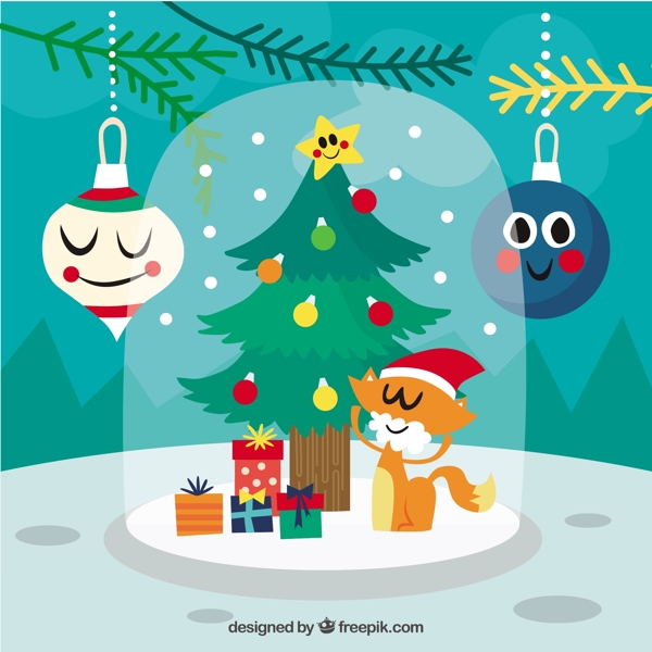 圣诞装饰背景与小猫戴着圣诞老人克劳斯配件