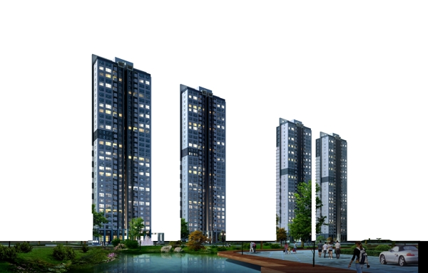 连排高层住宅楼建筑效果及滨水景观带绿化设计效果图PSD源文件